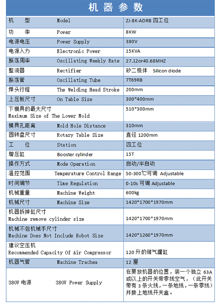 自動高周波機機器參數圖